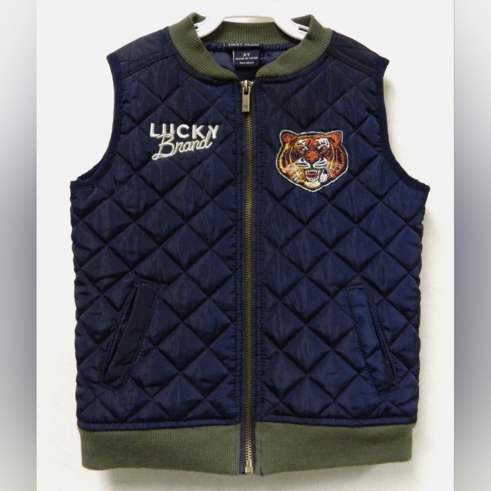 Lucky Brand Navy Blue/ Army Green Quilted Vest with Tiger Patch VEST